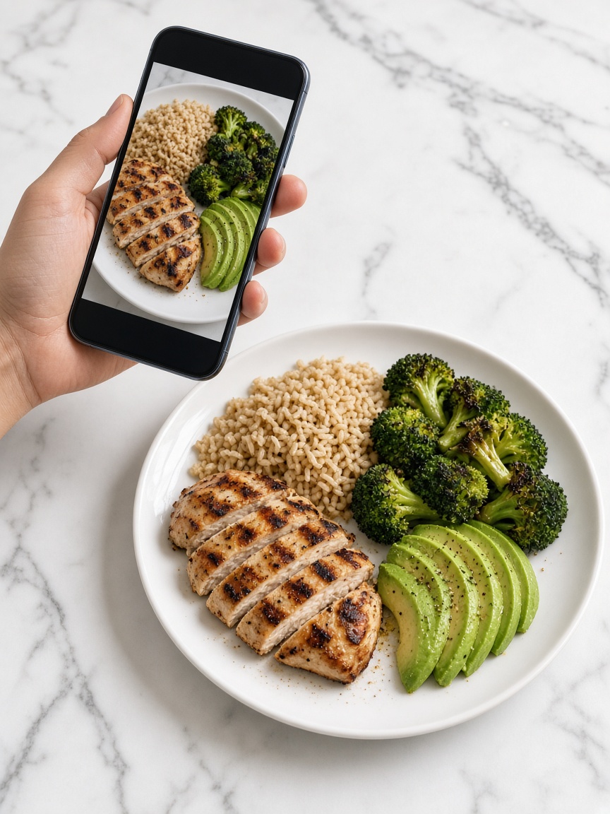 A phone photographing a plate of grilled chicken, rice, broccoli, and avocado